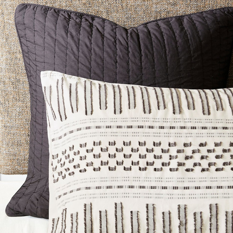 Édredon 100% coton très captivant gris / noir, Édredon pour grand lit + 2 taies décoratives, Ivoire/gris anthracite