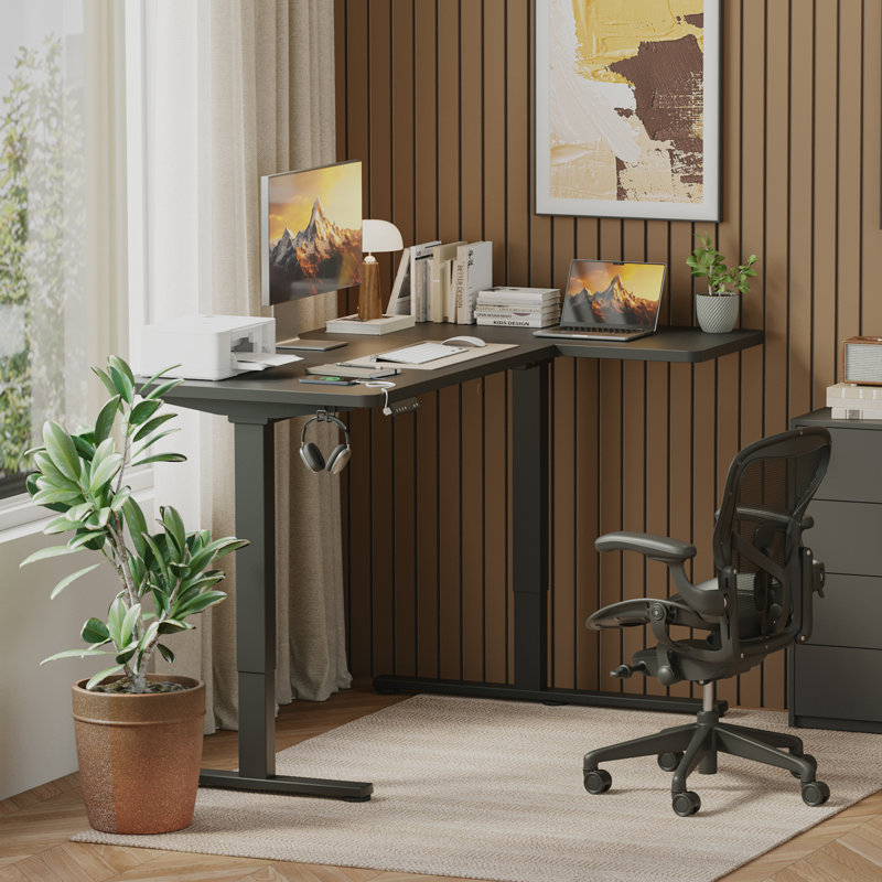 Bureau debout à hauteur réglable en L 71 po à deux moteurs et hauteur électrique, L 71 po x P 43,31 po, Noir