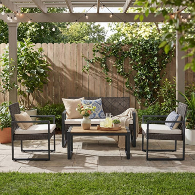 4 Pieces Outdoor Patio Furniture Set, PE Rattan Wicker Garden Conversation Chairs with Acacia Wood Table Top and Soft Cushions for Backyard Pool or Lawn