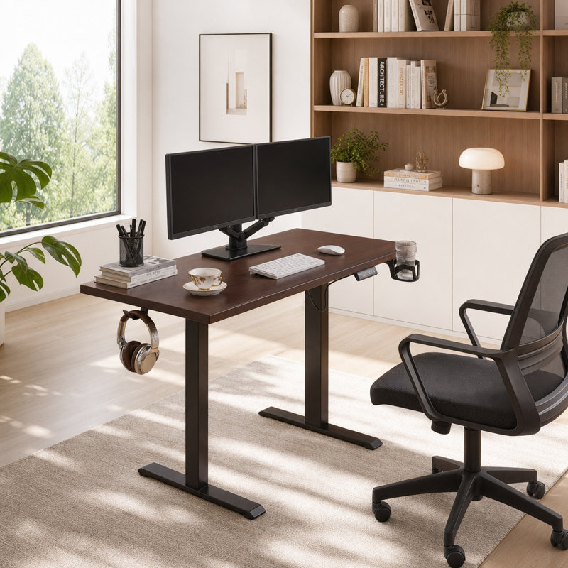 Bureau debout électrique en bois d'hévéa massif avec moteur simple, bureau assis-debout à hauteur réglable