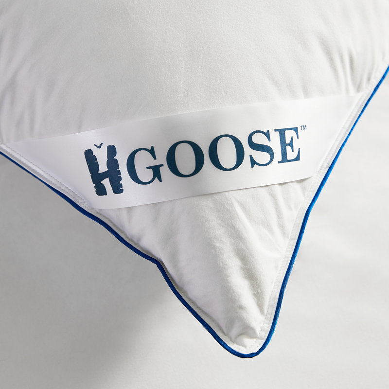 King Size White Hungarian Goose Down Pillow with Dark Blue Satin Piping