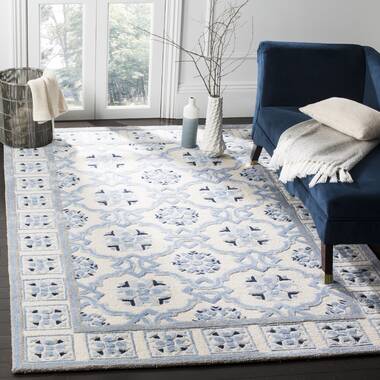 Linon Indoor Outdoor Washable Beck Polyester Area 7'x9' Rug in Ivory and  Blue