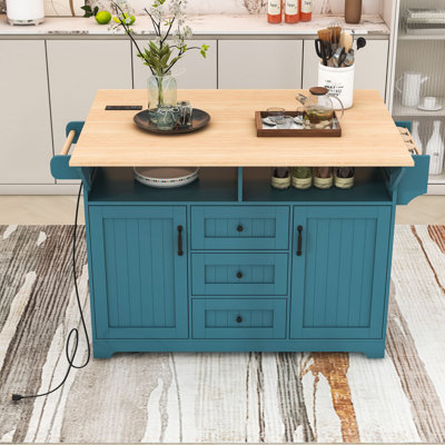 Rolling Expandable Kitchen Island with 2 Drop Leaf, Built-In Power Outlets and Storage Cabient