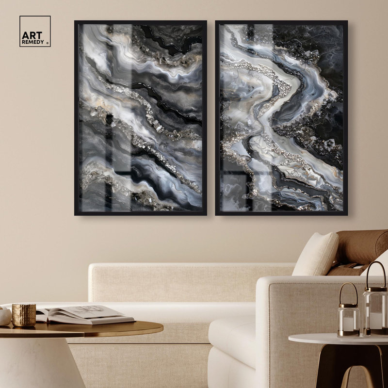 Ethereal Bloom Duo Shadowbox Print Geode Wall Decor Set by Art Remedy, Black Frame, 10 x 15, H 37 po x l 25 po