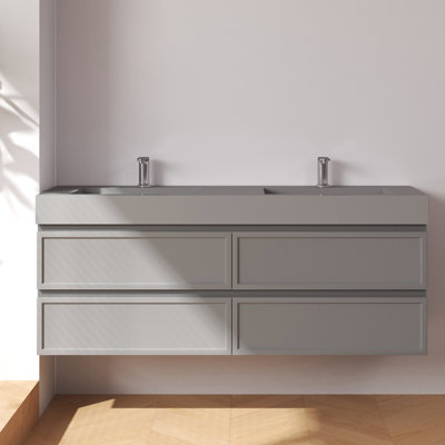 59'' Wall Mounted Double Bathroom Vanity With Solid Surface Countertop