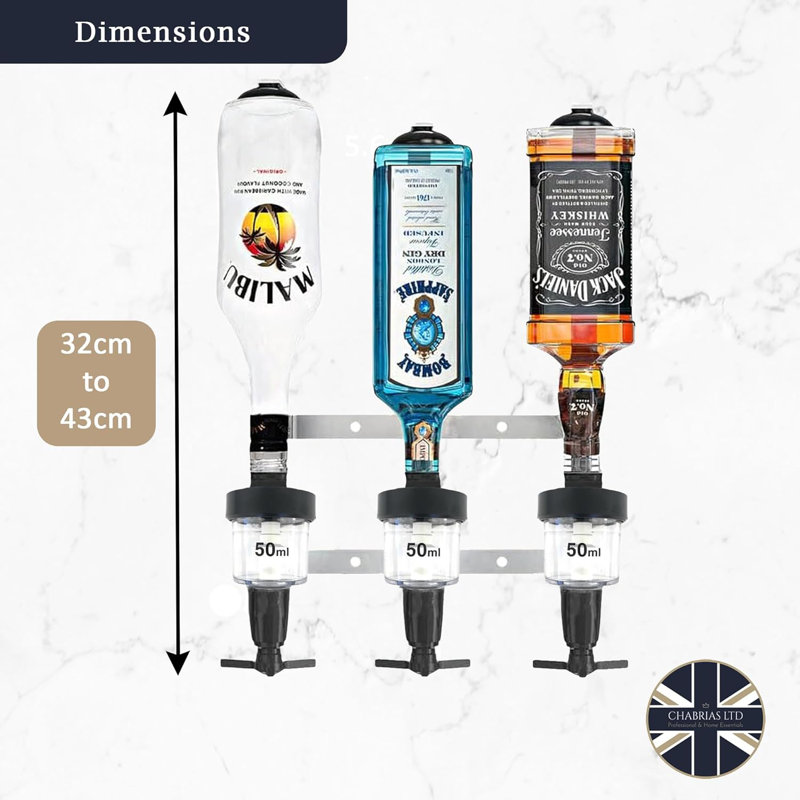  Black 3 Bottle Wall Mounted Bar Rail & 50ml Spirit Optics, UK Made, Fits 70cl–1.5L Bottles