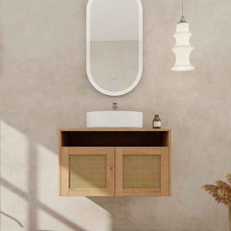 Meuble-lavabo mural moderne de 30 po avec armoire en contreplaqué, portes en rotin et lavabo en céramique (3 options d'évier, portes à fermeture douce, conception flottante)