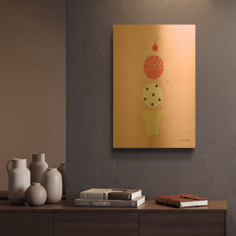 «Ice Cream and Cherry II» par Ann Kelle, art mural en métal doré, 12 po x 16 po, 12 po x 16 po