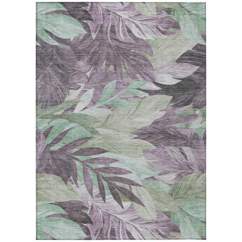 Lavender and Green Tropical Leaf Washable Indoor/Outdoor Rug