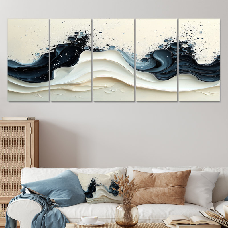 Vague noire et blanche, rythme rythmique de la rivière V, H 28 po x l 60 po, 5
