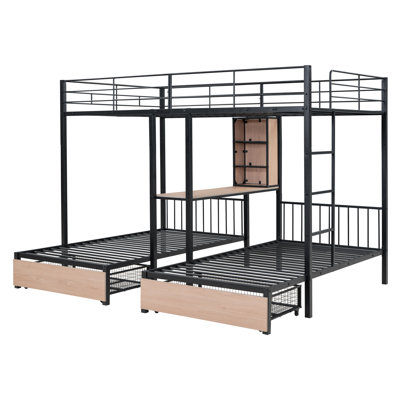 Lit double superposé double au-dessus de simple et simple avec tiroirs, lit multifonctionnel à structure en métal avec bureaux et tablettes au milieu