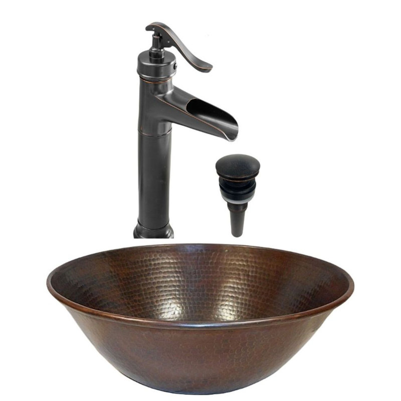 14" Round Copper Vessel Sink, 13" Faucet Included