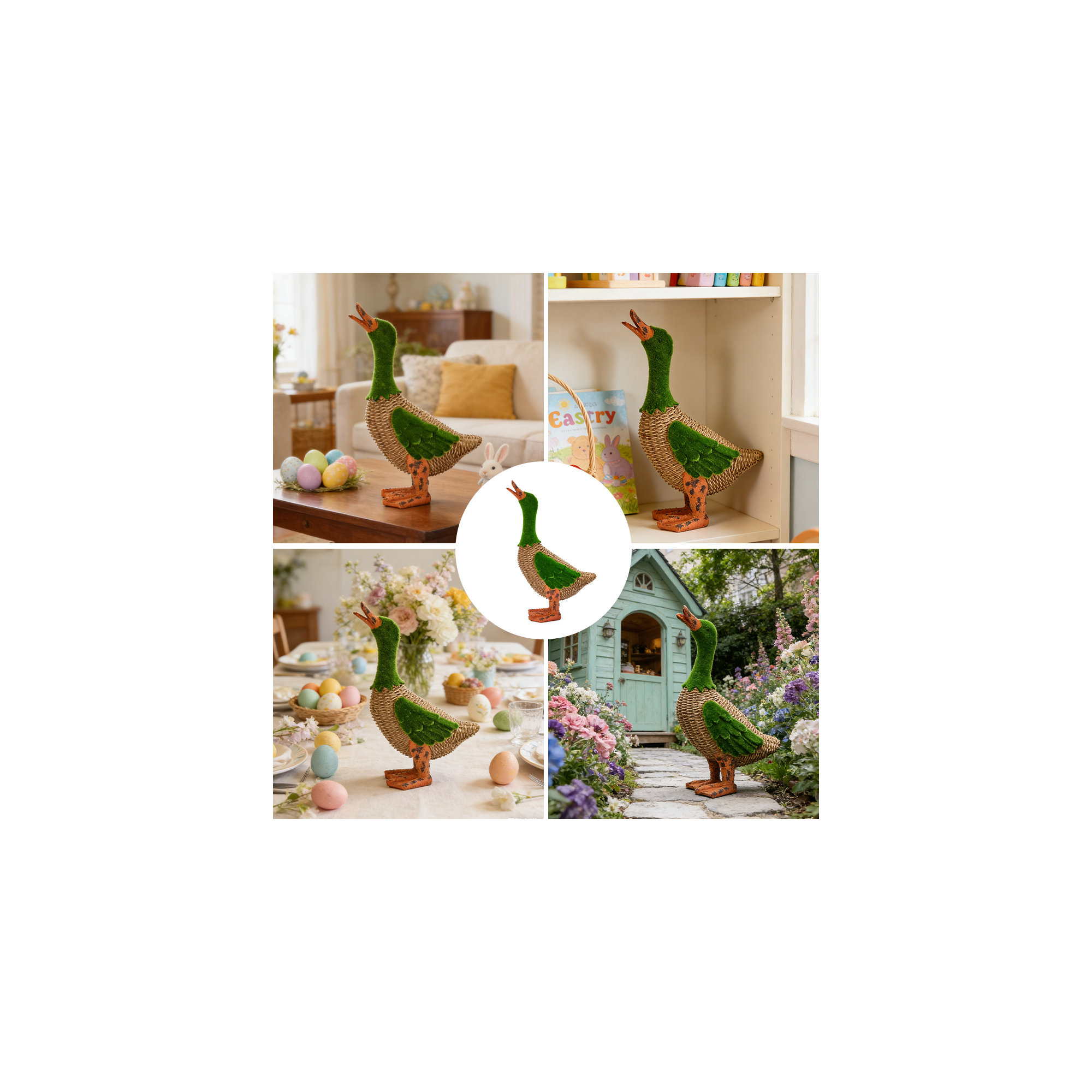 Easter Moss & Rattan Duck Decor - Whimsical Spring Duck Figurine For Home, Table, Or Garden - Cute Easter Holiday Decorations