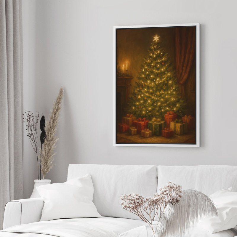 «Christmas Tree with Presents Warm Classic Holiday Interior», reproduction d'art sur toile encadrée dans la chambre principale