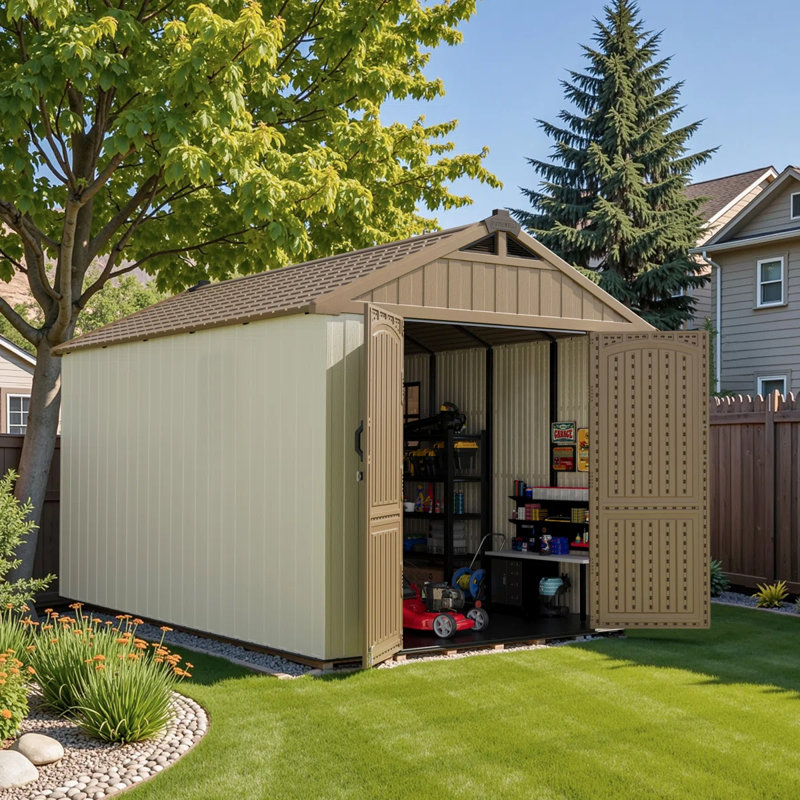 8 Ft. W Resin Storage Shed, Brown, 95"H x 91"W x 147"D