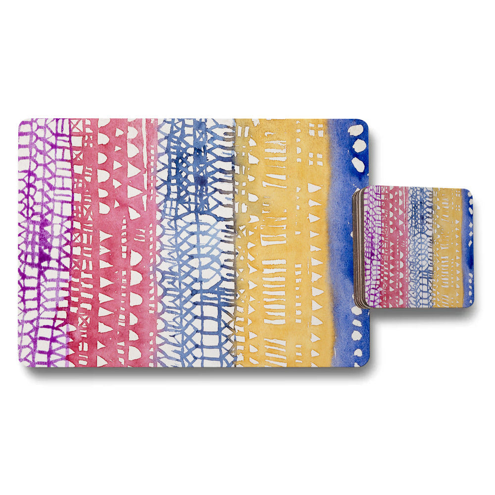 Multicolor Abstract Placemat And Coaster Set With Striped Pattern