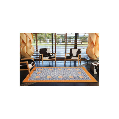 Orange Floral Patterned Washable Woven Base Decorative Rug