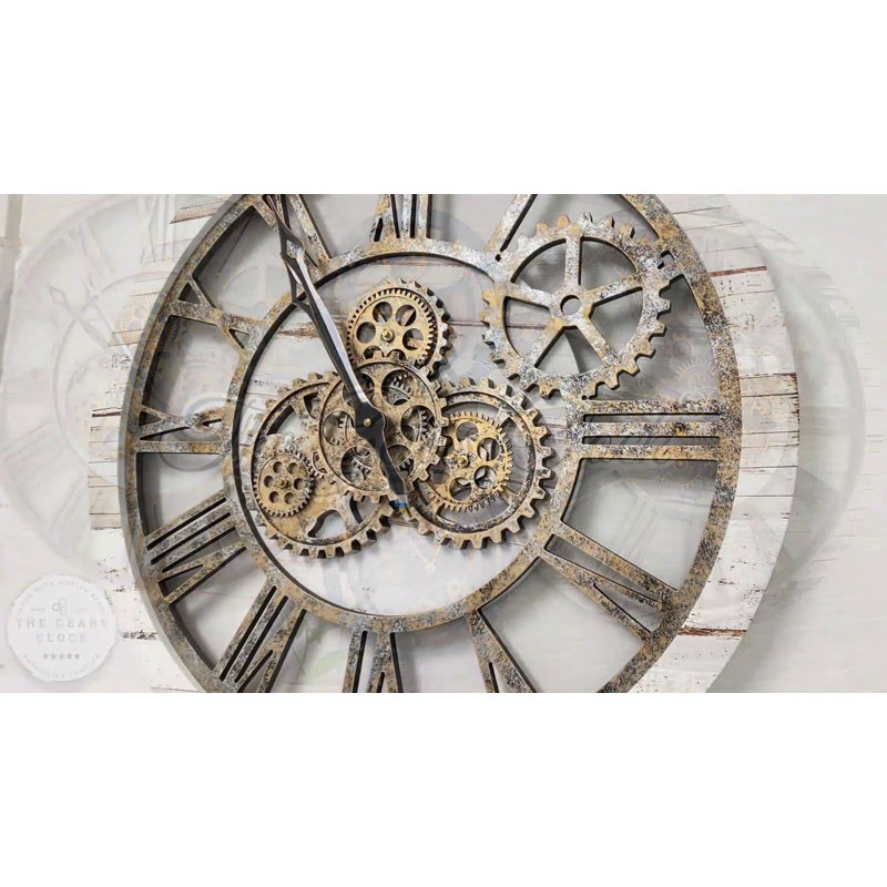 24" Rustic Industrial Oversized Wall Clock with Moving Gears