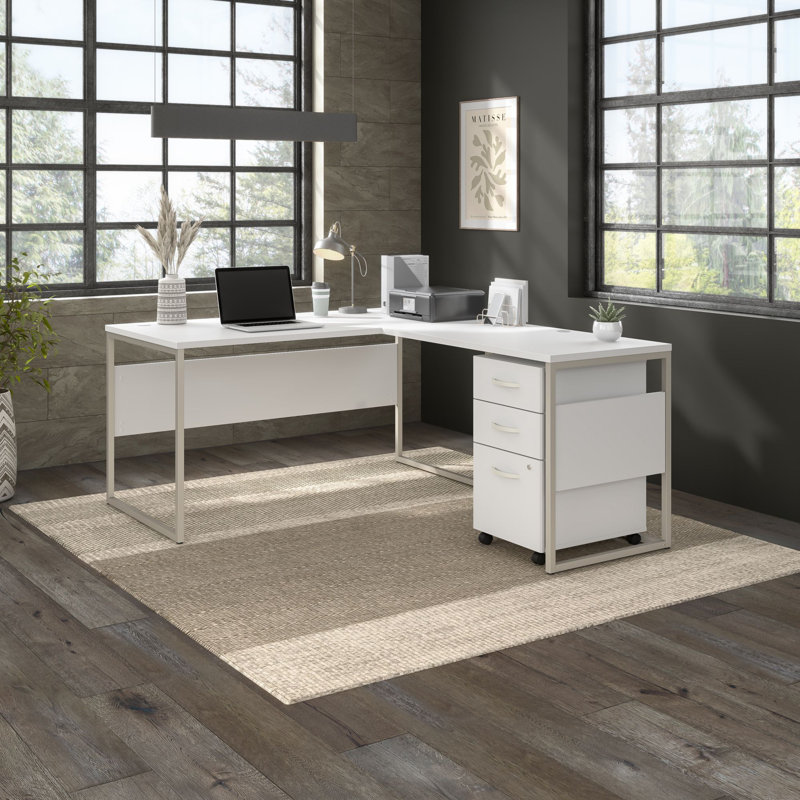 Hybrid L-Shaped Computer Desk Office Set in White - Reversible, White