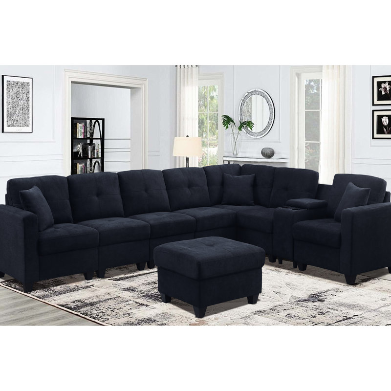 Ensemble de 7 canapés modulaires en microfibre douce bleu foncé, deux coussins hauts, structure en bois massif pour une utilisation confortable et stable
