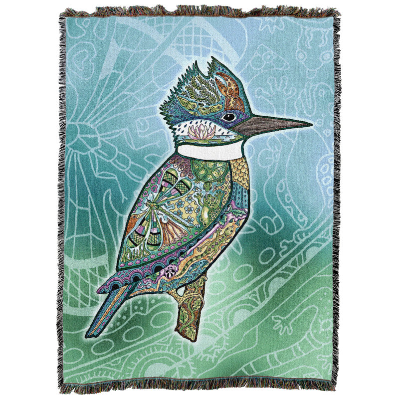 Couverture jetée en tapisserie « Kingfisher - Animal Spirits Totem » de Sue Coccia, tissée en coton, fabriquée aux États-Unis (72 x 54 pouces).