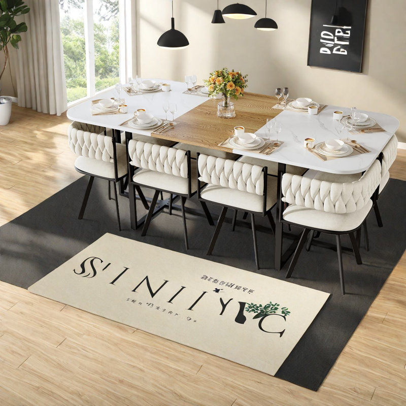 Ensemble de table à manger moderne 9 pièces, chaises en faux marbre et velours blanc, idéal pour la famille