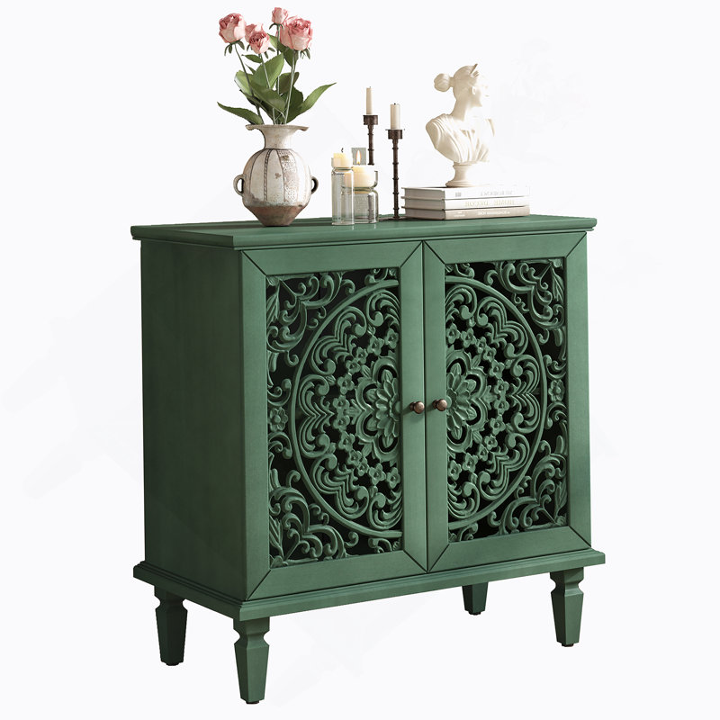 Accent Cabinet, 2-Door Display Storage Cabinet, Sideboard With Adjustable Shelf And Solid Wood Legs, Green