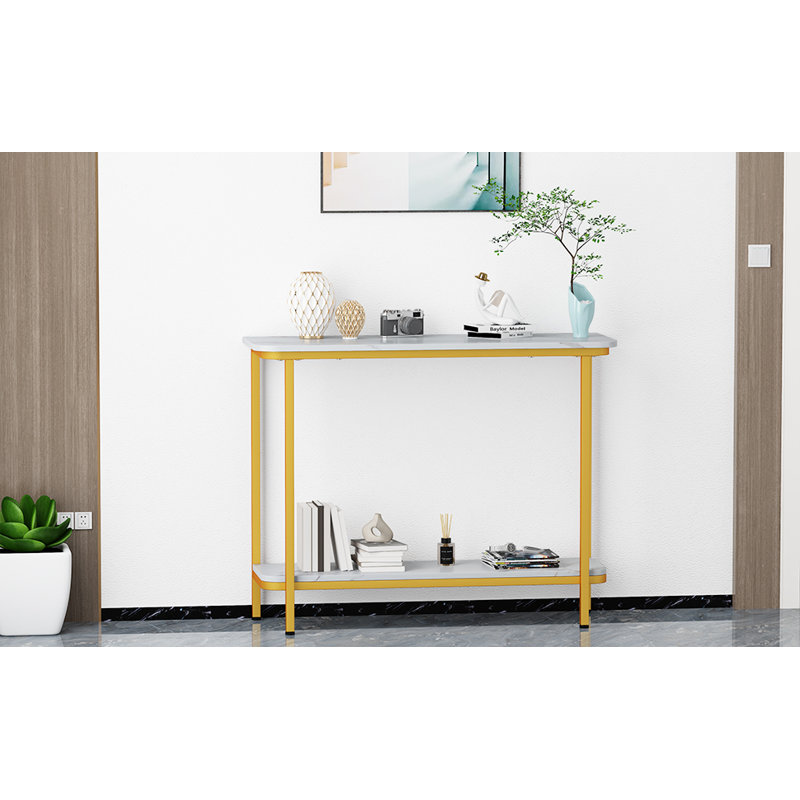 27" Gold Metal and White Marble Console Table