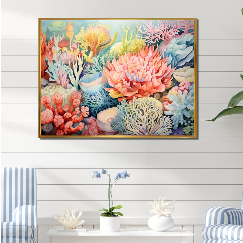 «The Colorful Coral Reef Happiness I» - art mural corail sous l'eau, 30" H x 40" W, Cadre flottant doré