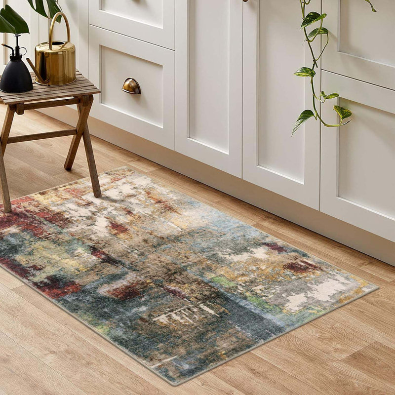 Modern Abstract Area Rug -  2x3 Feet Washable Small Entryway Rug For Kitchen Non-Slip Front Doormat, Contemporary Faux Wool Soft Floor Indoor Carpet For Bathroom,Red/Multi