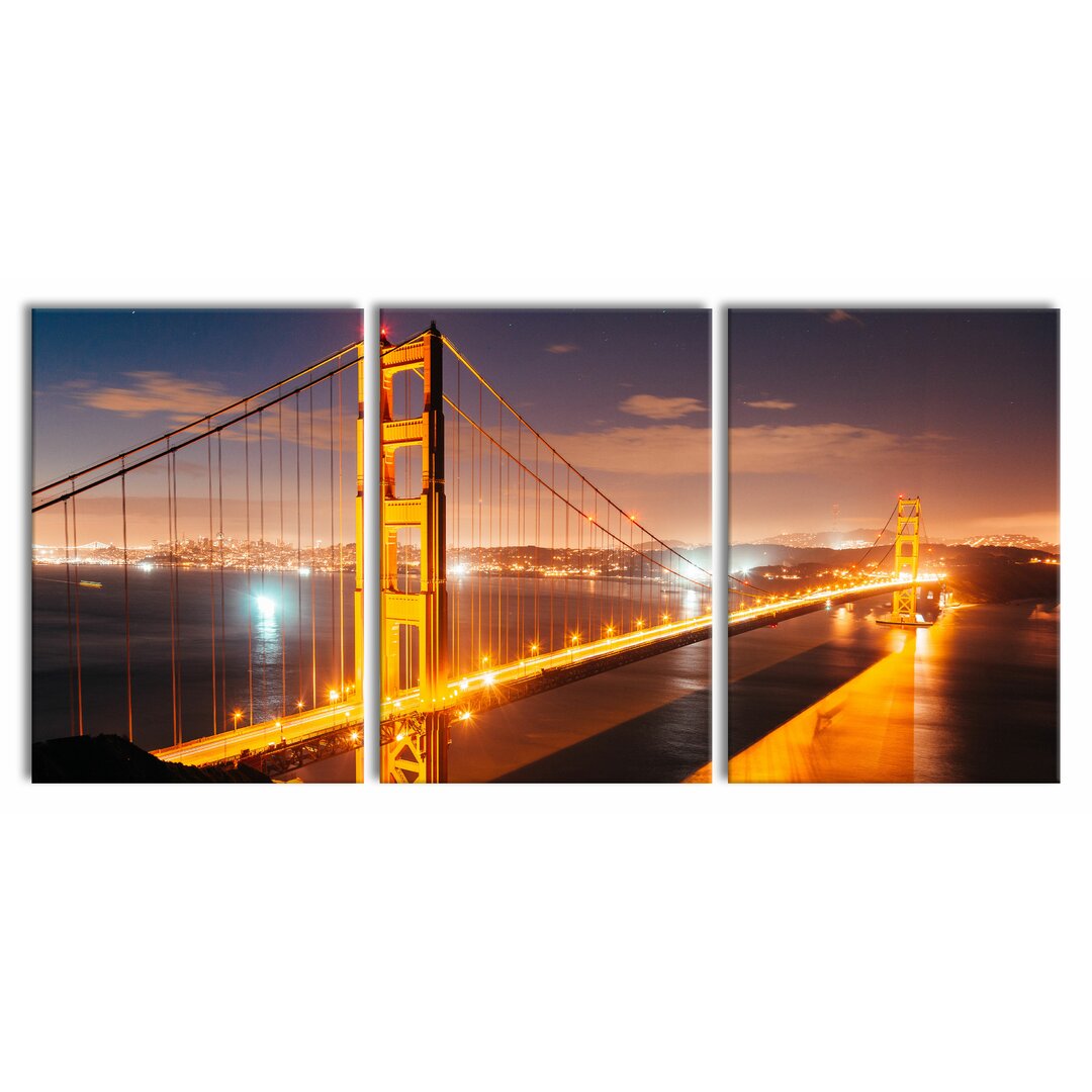 3-tlg. Leinwandbilder-Set Golden Gate Bridge bei Nacht in Gelb