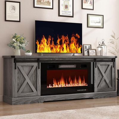 Farmhouse Fireplace TV Stand For 70/75/80 Inch TV, 70 Inch Entertainment Centre Storage Cabinets With 36”Electric Fireplace And Sliding Barn Doors, Media Console Cabinet For Living Room