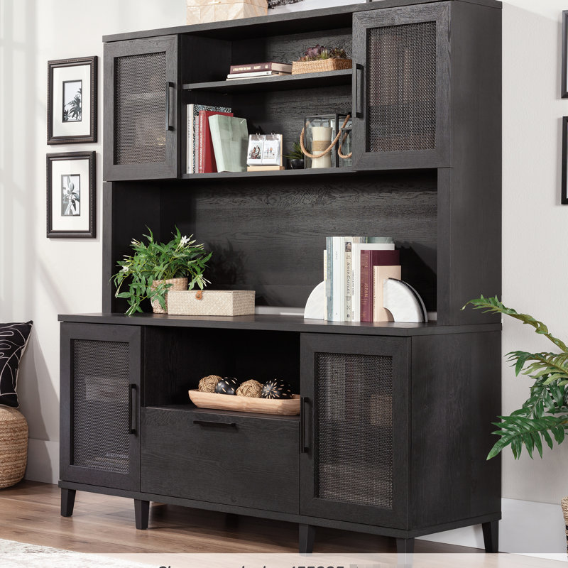 Bureau avec esthétique côtière, finition noire, rangement peu encombrant, 4 tablettes, gestion des câbles, pour les espaces de vie, économie, centre ouvert réglable, salle à manger et