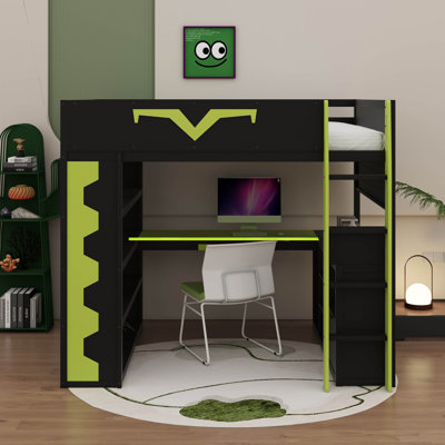 Loft Bed With Desk & RGB LED Lights, Pro-Gamer Bed With Power Outlet, Bookshelf, Pegboard, Keyboard Tray & Storage Drawer