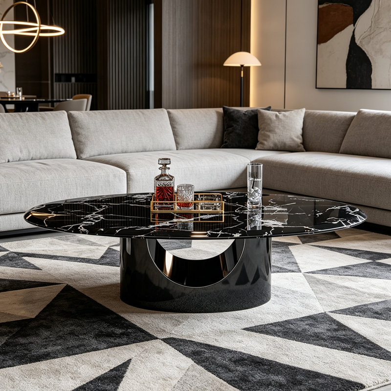 Modern minimalist oval marble coffee table, 15.7" H x 51.2" L x 27.6" W, White/Black/Dark Gray