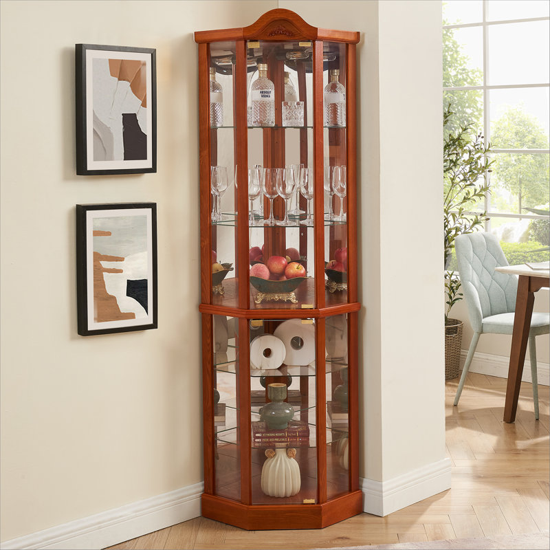 Vitrine d'angle vitrée lumineuse avec tablettes réglables, Chêne