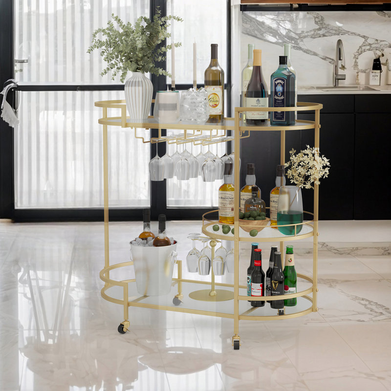 Mirror Shelf Metal Bar Cart, Gold