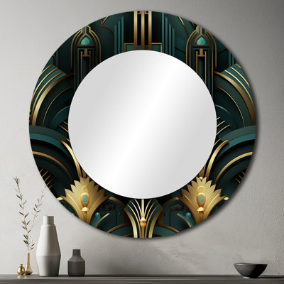 Gold And Green Art Deco Opulence - damask  Decorative Mirror, Boho Round Wall Mirror, Printed Metal Art