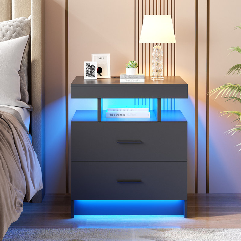 Bookhart Bedside Table with Wireless Charging Station and Human Sensor Light, Grey/Matte Black