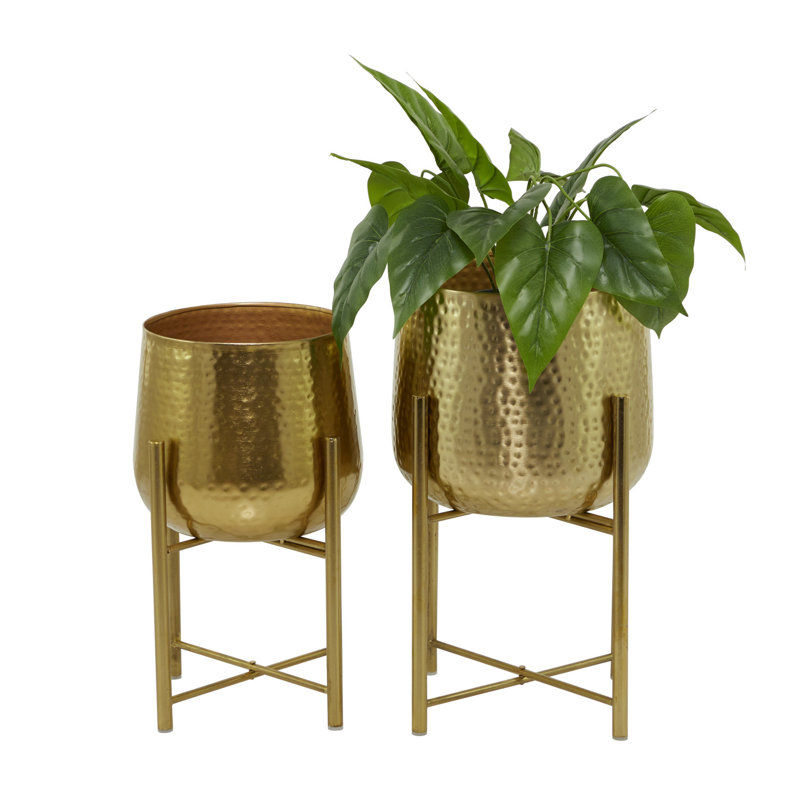 Contemporary Gold Metal Indoor Planter with X-Shaped Stand, 17" Height