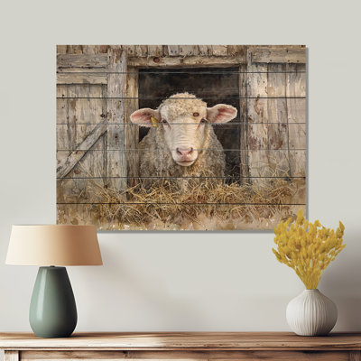 Cow And Sheep Portrait At The Barn III - Cow Animal Wood Wall Art - On Natural Pine Wood