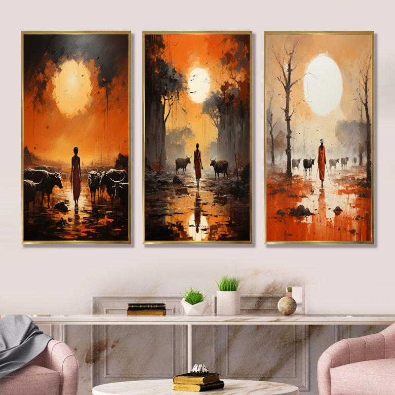 Ensemble de 3 reproductions de toiles tribales d'Afrique Dinka, Cadre flottant doré, H 28 po x l 36 po