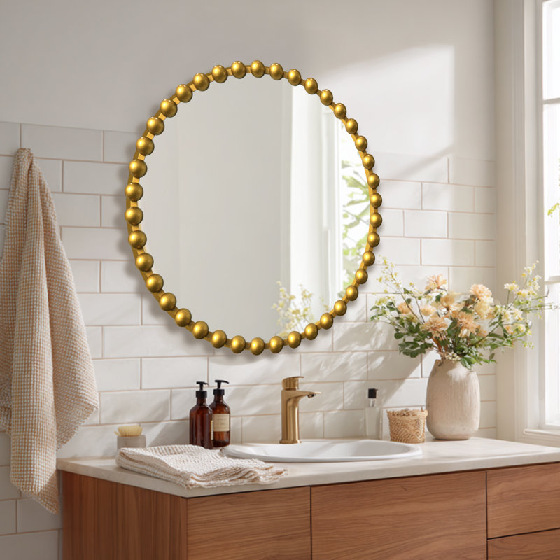 Metal-Framed Beaded Wall Mirror ,Circular Accent Mirror in Gold., 27" x 27", Gold