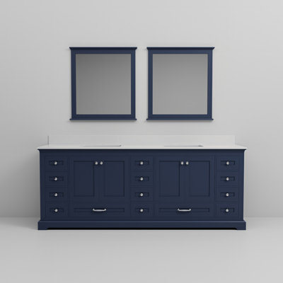 Navy Blue Double Bath Vanity 84 in. W x 22 in. D, White Quartz Top, and 34 in. Mirrors