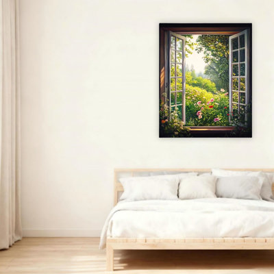 Lush Garden View Through Open Window Unframed Canvas Wall Art 24" X 36"