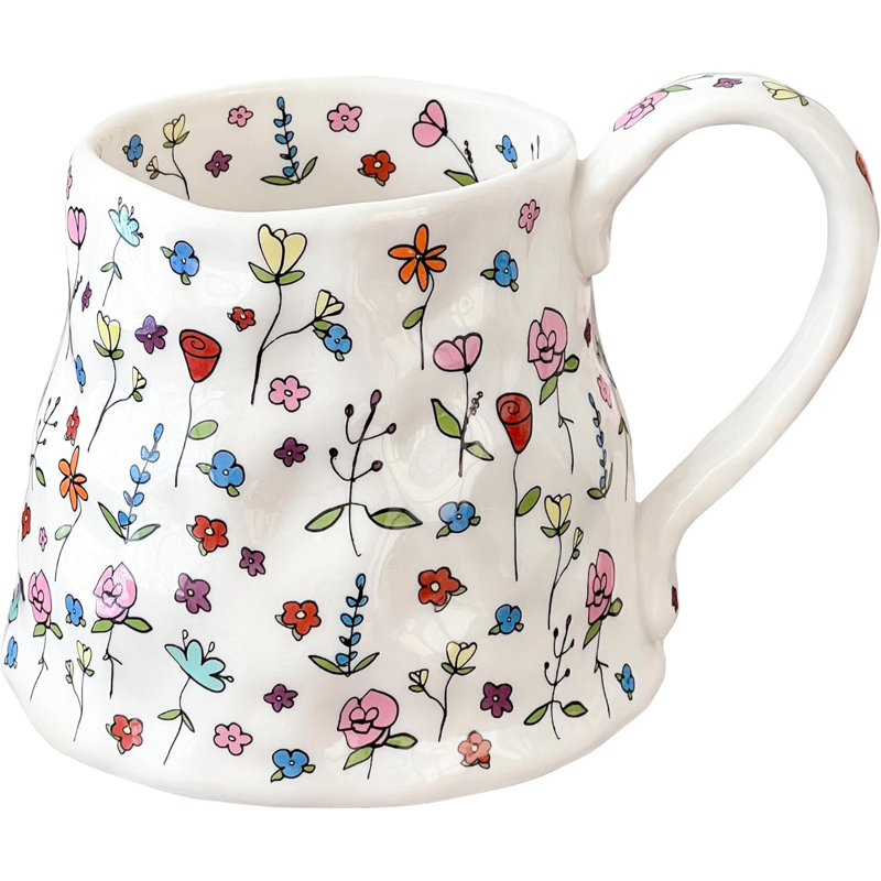 Grande tasse à café en céramique mignonne fleur avec grande poignée faite à la main, tasses irrégulières surdimensionnées de fantaisie 20 oz