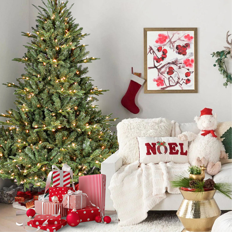 Arbre de Noël 9 pi pleine forme avec 1 100 lumières UL - branches mixtes en PE / PVC, 3451 pointes, base large pour les espaces spacieux, structure à charnières, support en métal stable