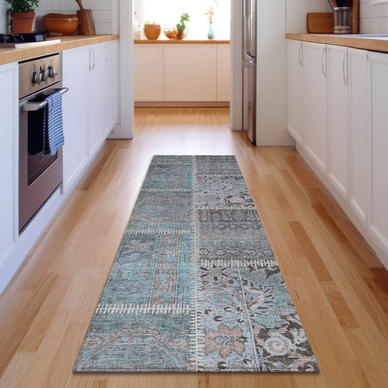 Tapis bleu sarcelle lavable à la machine Premium Cerrito, Tapis de couloir 2 pi 3 po x 7 pi 6 po