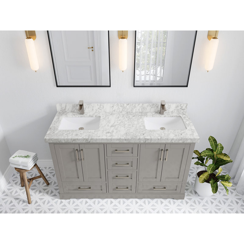Ensemble de meuble-lavabo double 60 po Esin, Marbre de Carrare, gris