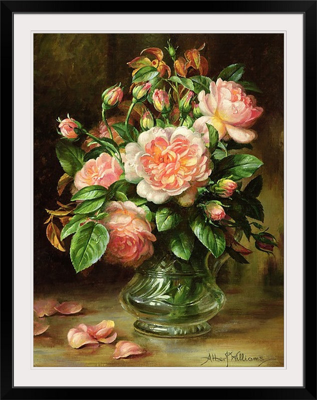 «Alexica English Elegance Roses in a Glass», reproduction de peinture à l'huile, H 24 po x l 20 po x P 1 po, Cadre blanc